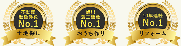 不動産取扱件数No,1土地探し、旭川着工数No,1おうち作り、10年連続No,1リフォーム