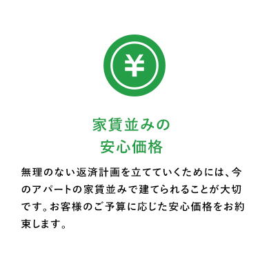家賃並みの安心価格無理のない返済計画を立てていくためには、今のアパートの家賃並みで建てられることが大切です。お客様のご予算に応じた安心価格をお約束します。