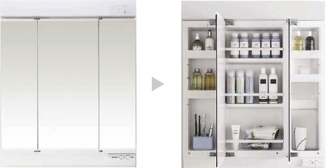 ミラーの奥は真ん中も使ってたっぷり収納。ドライヤーやシャンプーまでスッキリ片付きます。