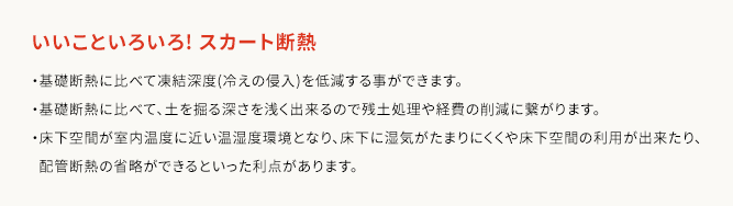 いいこといろいろ! スカート断熱 基礎断熱に比べて凍結深度(冷えの侵入)を低減する事ができます。基礎断熱に比べて、土を掘る深さを浅く出来るので残土処理や経費の削減に繋がります。床下空間が室内温度に近い温湿度環境となり、床下に湿気がたまりにくくや床下空間の利用が出来たり、配管断熱の省略ができるといった利点があります。