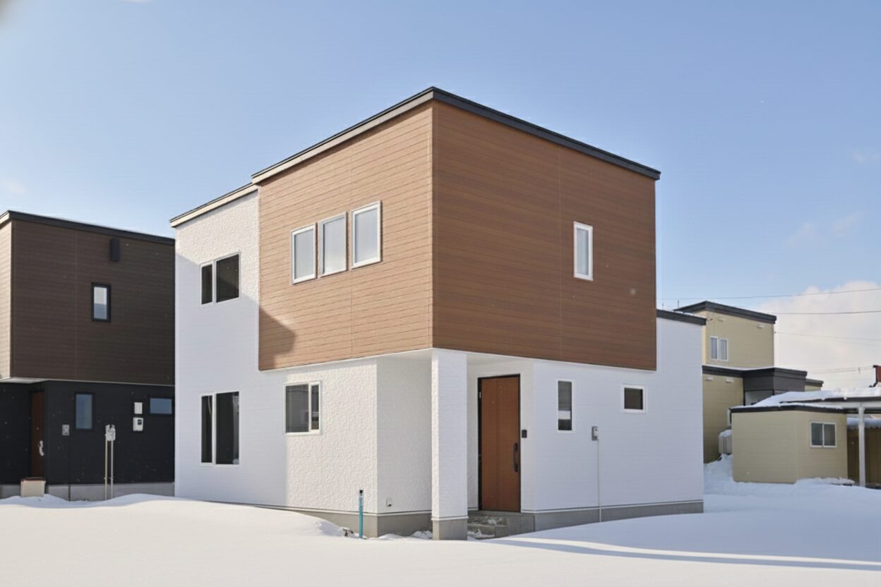 雪景色に映える、白と木のコントラストハウス